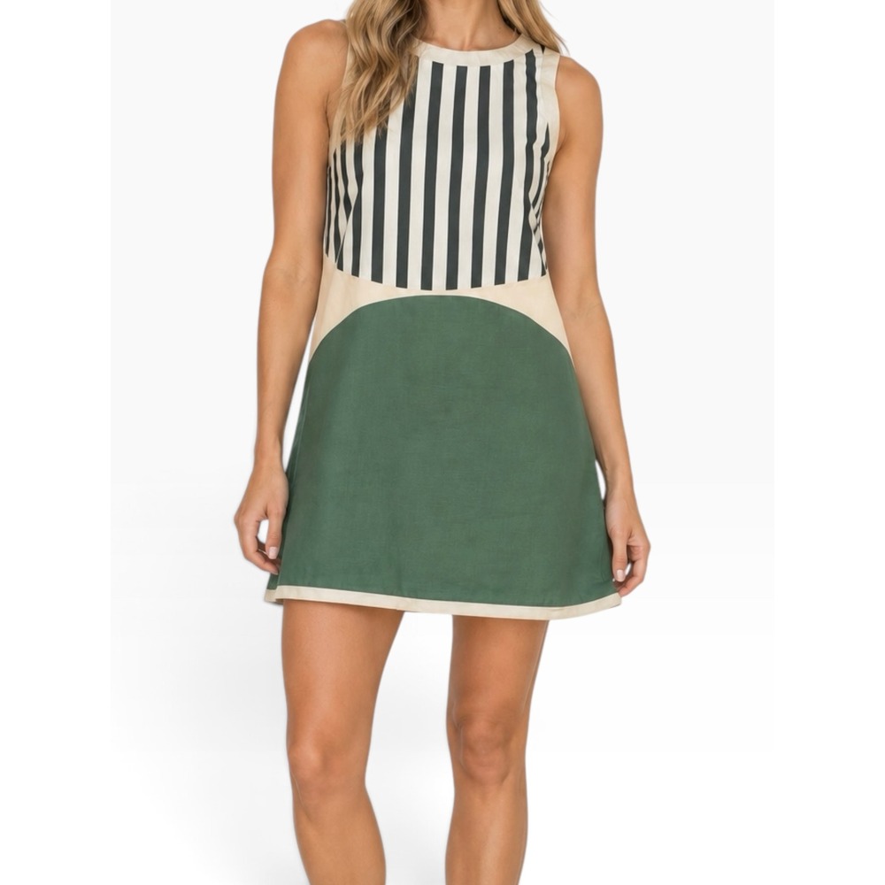 Nice To Meet You Women Green Striped Colorblock Sleeveless Shift Mini Dress S